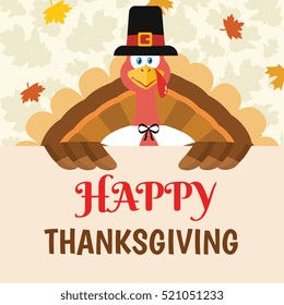 Happy Pilgrim Turkey Bird Cartoon Mascot Character Holding A Happy Thanksgiving Sign. Vector Illustration Flat Design Over Background With Autumn Leaves