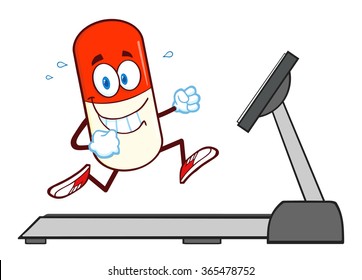Happy Pill Capsule Cartoon Character Running On A Treadmill. Vector Illustration Isolated On White