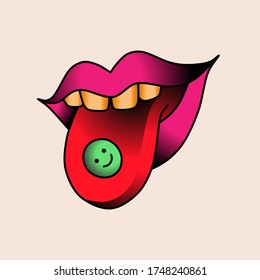 Happy pill on tongue in mouth, colorful illustration at oldschool tattoo style