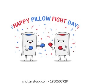 Happy pillow fight day celebrated on the first Saturday of April showing two pillow with boxing gloves about to fight one another