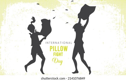 Feliz día de la pelea de almohadas celebrado el primer sábado de abril. Día Internacional de Lucha contra las Almohadas - Divertida Colección de Vacaciones No Oficiales Abril. Batalla de almohadas.