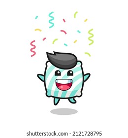 happy pillow mascot jumping for congratulation with colour confetti , cute style design for t shirt, sticker, logo element