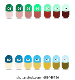 Happy pills with emotions and face on background. Vector image