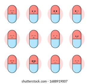Happy pills are smiling. Cute pills and tablets on a white background. Medicines with emotions, eyes, a smile, happiness.