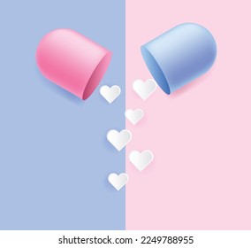 happy pills your love make me heal. blue and pink pill spiliing hearts. with shadows, eps 10 vector illustration 