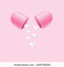 happy pills your love make me heal. blue and pink pill spiliing hearts. with shadows, eps 10 vector illustration 