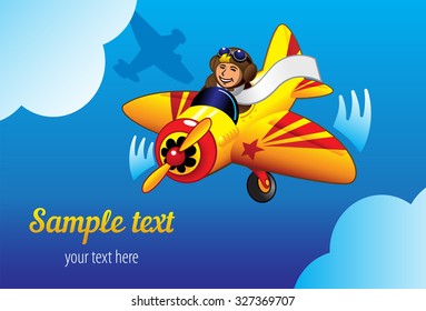 Happy pilot flying plane. Vector illustration.