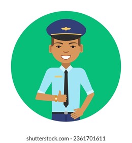 Happy pilot showing thumb up flat vector circle icon. Aircraft pilot in uniform and headdress cap isolated on white background. Activities and professions, aviation, inclusion concept