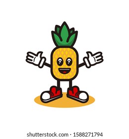 happy pineapple cartoon character vector illustration, cheap smile, line art design, simple flat design