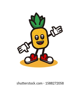 happy pineapple cartoon character vector illustration, cheap smile, line art design, simple flat design