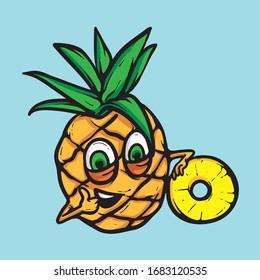 Happy pineapple character smiling with pineapple slice. Fruit vector concept. Cartoon mascot, fresh fruit 
