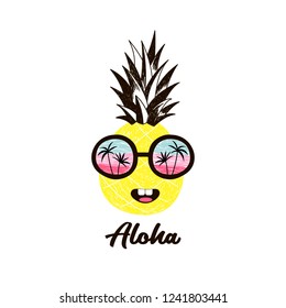 happy pineapple fruit character in sunglasses with seaside horizon reflexion, pencil drawing style illustration for kid poster and summer t-shirt design, isolated on white