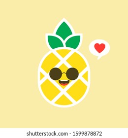 happy pineapple fruit with cute kawaii face, funny veggie character with phrase, flat style illustration for kid poster and summer t-shirt design, isolated on color background