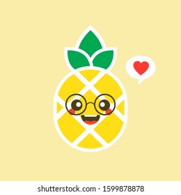 happy pineapple fruit with cute kawaii face, funny veggie character with phrase, flat style illustration for kid poster and summer t-shirt design, isolated on color background
