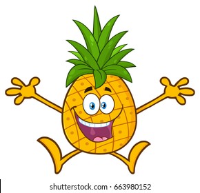 Happy Pineapple Fruit With Green Leafs Cartoon Mascot Character With Open Arms Jumping. Vector Illustration Isolated On White Background