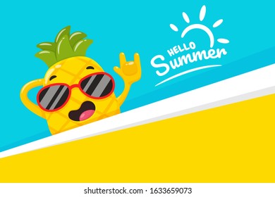 Happy pineapple in the summer. Vector cartoon pineapple raised their hands in greeting for the summer festival.