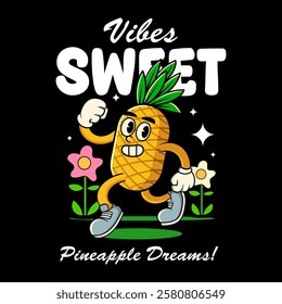 Happy Pineapple Tropical Summer Vibes Cartoon Character in Retro Vintage Style