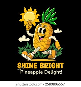 Happy Pineapple Tropical Summer Vibes Cartoon Character in Retro Vintage Style