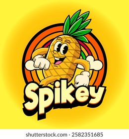 Happy Pineapple Tropical Summer Vibes Cartoon Character in Retro Vintage Style