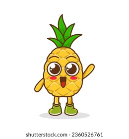 A happy pineapple waving its hands. Cute funny pineapple fruit waving hand character
