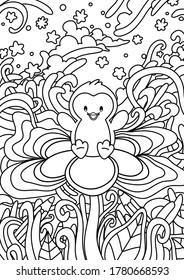 Happy Pingy Penguin is sitting on the flower. Cheerful picture with coloring pencils, leaves, stars and clouds. Great for coloring books, gift cards and other prints.