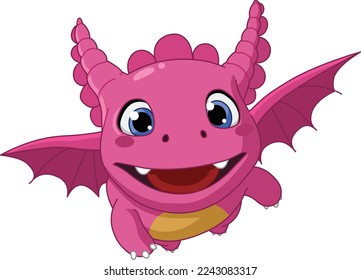 Happy pink baby dragon flying