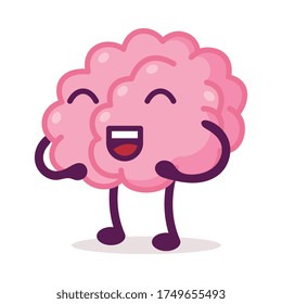 Happy Pink Brain Laughing, Funny Human Nervous System Organ Cartoon Character Vector Illustration on White Background