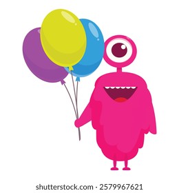 Happy pink cartoon monster holding three colorful balloons, smiling and ready to party