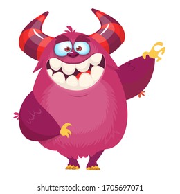 Happy pink cartoon monster smiling. Vector Halloween illustration