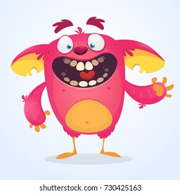 Happy pink cartoon monster waving. Vector troll or gremlin character. Halloween design