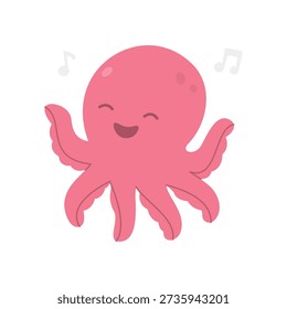 Happy pink cartoon octopus dancing with music notes. Cute sea animal illustration with joyful face and raised arms