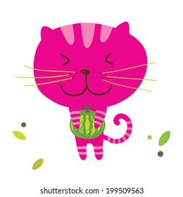 Happy pink cat with watermelon. Vector illustration. Cartoon background with kitten.