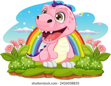 Happy pink dinosaur with a colorful rainbow backdrop