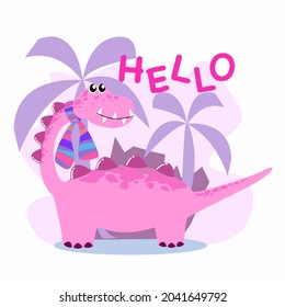 Happy pink dinosaur with wording of hello.