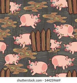 happy pink dirty pig free run animal wildlife seamless pattern on dark gray background