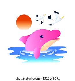 Happy pink dolphin and seagulls