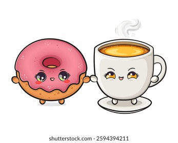 Happy Pink Donut and Coffee Cup Holding Hands. Cute Friendship