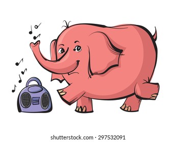 Happy pink elephant jumping and dancing on music