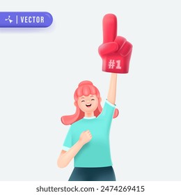 Happy Pink Haired Woman Holding Big Number One Icon in Isolated Background. 3D Style Vector Illustration. Hand gesture finger pointing up