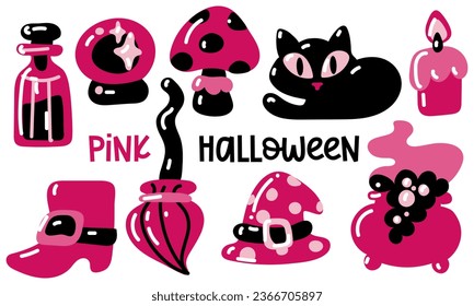 Happy pink Halloween cute vector set of drawings with cartoon cat, poison, broom, fly agaric, glass ball, candle, cauldron, shoe and witch hat. Elements in pink and black tones in a flat style Sticker