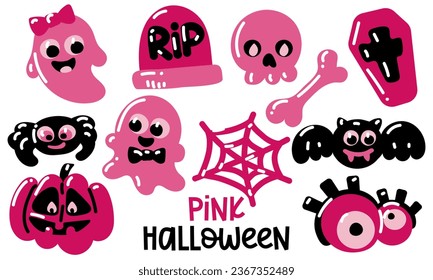 Happy Pink Halloween cute vector drawing set with cartoon ghost, tombstone, coffin, skull, bone, spider with spider web, bat, pumpkin and eyes. Elements in pink and black tones on a flat in style
