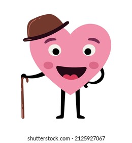 Happy pink heart character in hat and cane. Vector illustration