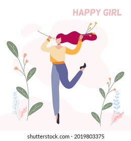 A happy pink long hair girl dancing and smelling flower, the other hand holding yellow flowers on light pink background with elements of plants and flowers, love nature concept 