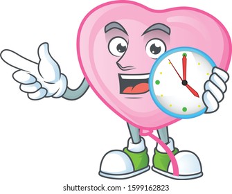 Happy pink love balloon cartoon mascot style with clock
