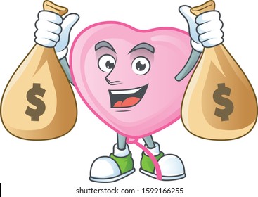 Happy Pink Love Balloon Cartoon Character With Two Money Bags