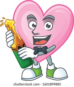 Happy pink love with beer cartoon character design