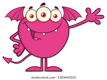 Happy Pink Monster Cartoon Mascot Character Waving For Greeting. Vector Illustration Isolated On Transparent Background