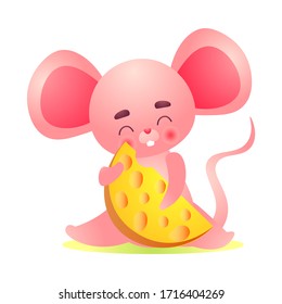 Happy pink mouse character with big ears holding in paws yellow cheese slice. Vector illustration in the flat cartoon style.