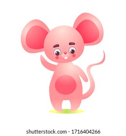 Happy pink mouse character standing with big ears and waving his hand. Vector illustration in the flat cartoon style.