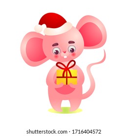 Happy pink mouse kid character in Christmas cap standing with the present box. Vector illustration in the flat cartoon style